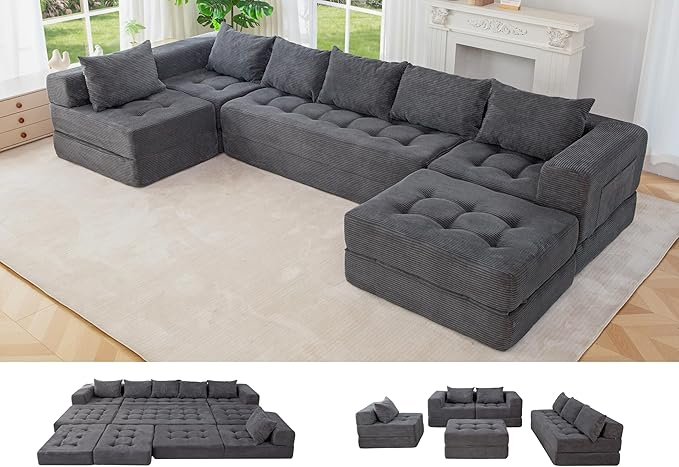 MAXYOYO Modular Sectional Sofa Couch, Foldable U Shaped Cloud Couch with Pillows, Tufted 7-Seat Boneless Sleeper Lounger Floor Sofa Bed for Living Room, No Assembly Required, Dark Grey
