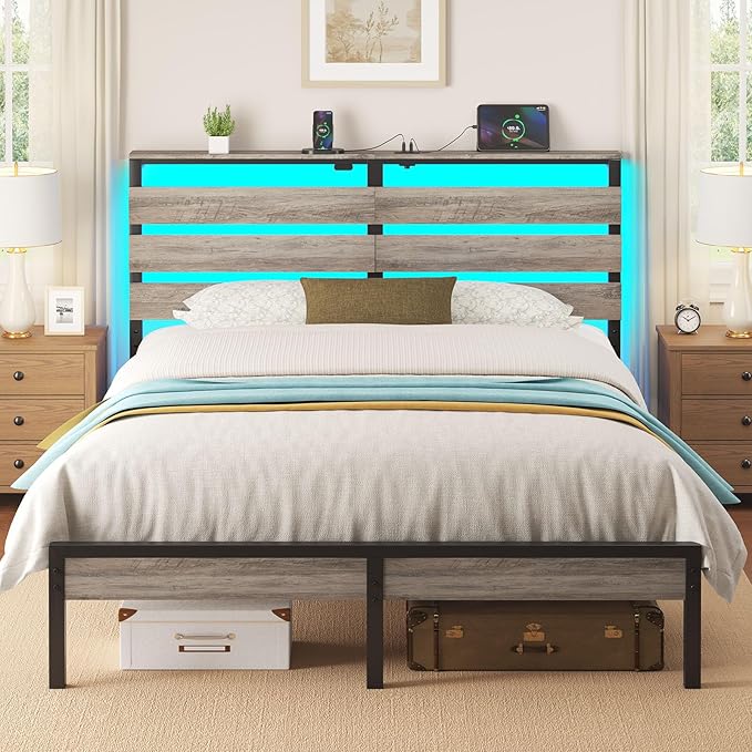 Rolanstar Bed Frame Queen Size with USB Charging Station, LED Bed Frame with Wood Storage Headboard, Light Grey Metal Platform Bed with Under Bed Storage, No Box Spring Needed, Noise Free