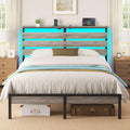 Rolanstar Bed Frame Queen Size with USB Charging Station, LED Bed Frame with Wood Storage Headboard, Light Grey Metal Platform Bed with Under Bed Storage, No Box Spring Needed, Noise Free
