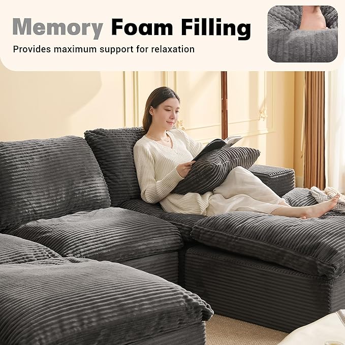106.3” Sectional Couches for Living Room, Set of Cloud Couch, Modular Sectional Sofa, Convertible Sofas Bed, Deep Seat Sofa, U Shaped Cozy Sofa Furniture Set, Corduroy, Gray