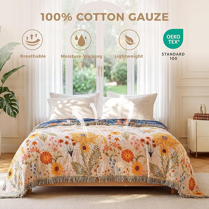 LUTBM Boho Throw Blanket for Bed Cotton Spring Blankets Twin Size for Bedroom Living Room All Season Lightweight Floral Embroidery Reversible Quilt for Couch Sofa Chair 60"x80" Home Decor