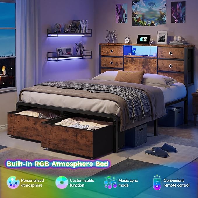 Homkdom Full Size Bed Frame with 8 Fabric Storage Drawers, LED Lights & Charging Station, Metal Platform Bed Frame with Headboard Storage,No-Noise,Easy Assembly,Modern Brown