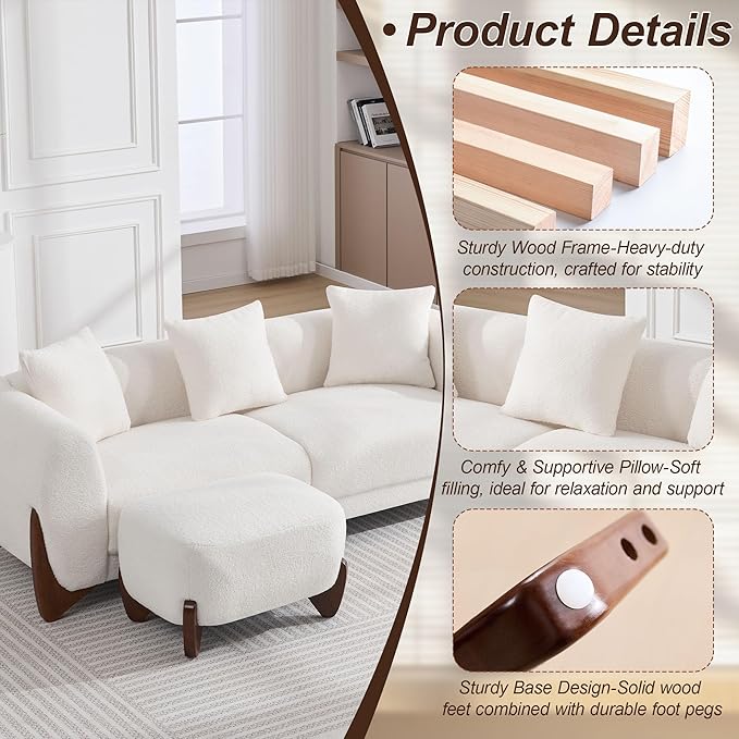 87" Sherpa Boucle Cloud Couch with Ottoman, Modern 3 Seater Sofa with Solid Wood Legs 25" Extra Deep Seat Comfy Thick Cushion Upholstered Sofa Couches with 3 Pillows for Living Room, White