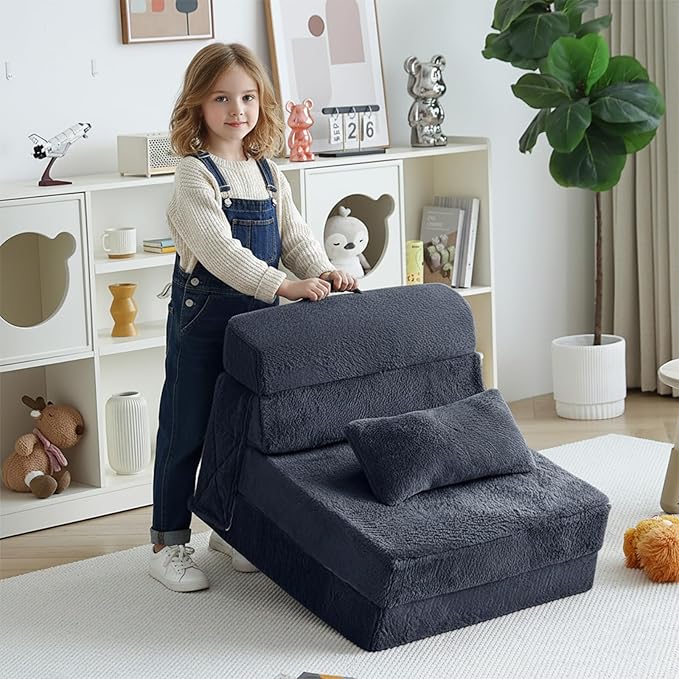 Tiita Convertible Folding Kids Sofa Bed with Pillow & Storage Bag, Plush Fabric Floor Mattress Couch Bed, Washable Cover, Kids Room, Playroom, Dorm, Apartment, Navy