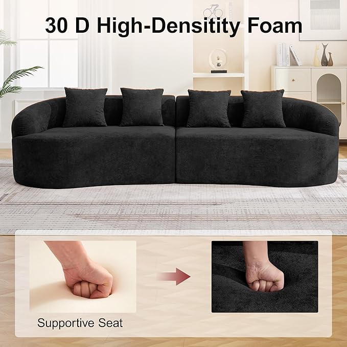110.2" Curved Boneless Couch, Oversized Cloud Sofa with 4 Pillows, Modern 4 Seater Modular Sectional Sofa, Boneless Sectional Couches for Living Room, Curved Foam Couch, Black