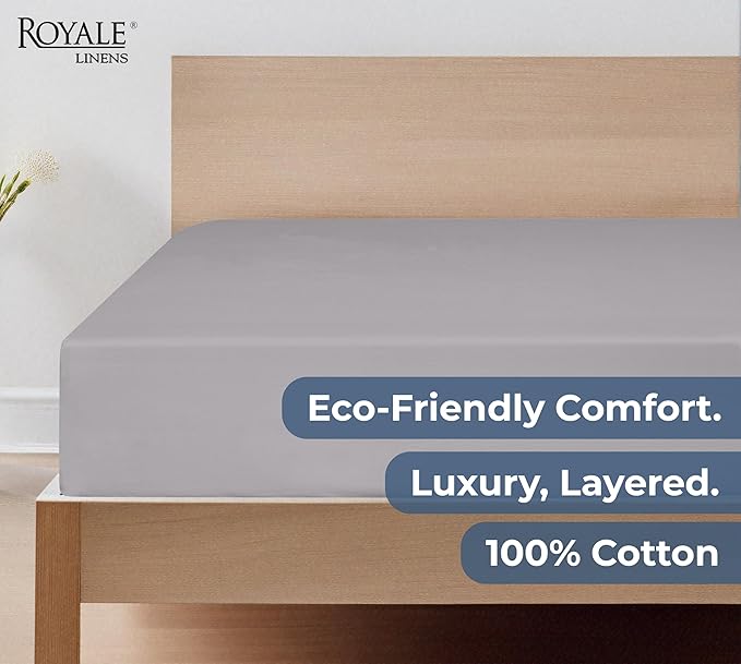 Royale Linens 100% Organic Cotton Fitted Sheet - Percale Weave - Super Soft Deep Pocket Bottom Sheets - Elastic Sheet Queen Size - Queen Fitted Sheets Only - (60"x80"+15", Silver)