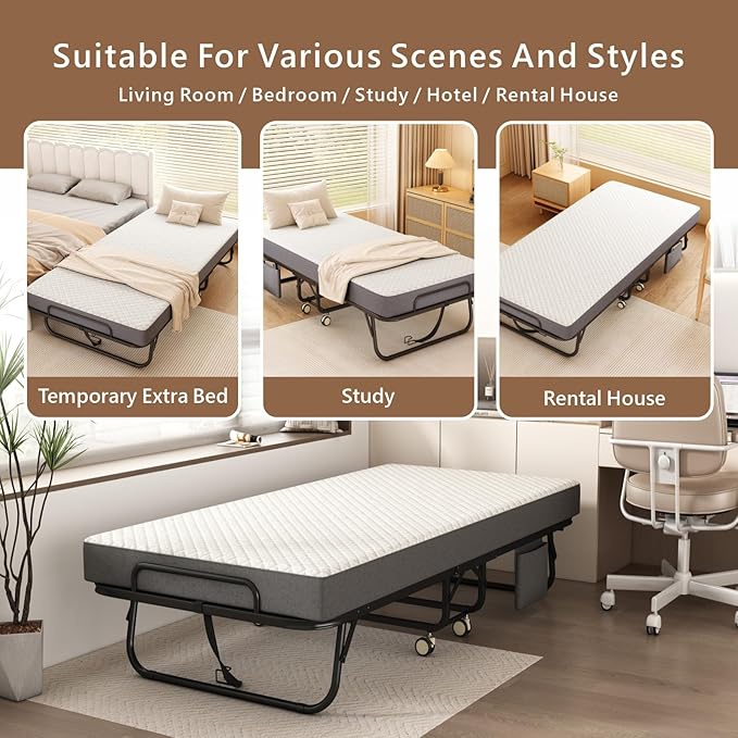 Folding Bed with Mattress for Adults, 75" x 38"Portable Twin-Size Rollaway Bed, Metal Frame Foldable Guest Bed with Memory Foam Mattress,Deluxe Single Beds with Side Storage Pocket