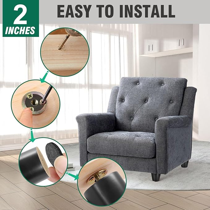 FoDau770 Black Rubber Wood Furniture Legs 2 Inches, Straight Tapered Wood Feet Mid Century Sofa Legs Set of 8, 5/16" UNC Furniture Feet for Cabinet Couch Dresser Chair Ottoman Table
