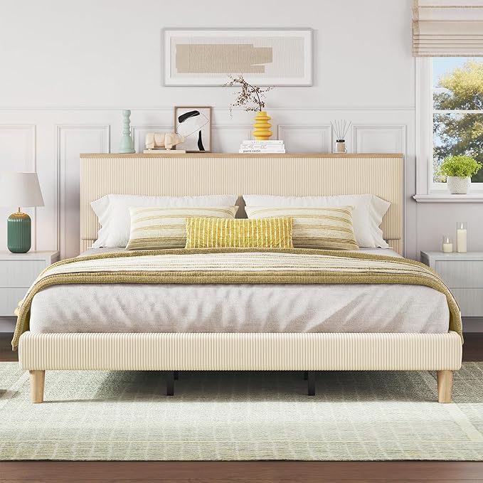 Bestier King Bed Frame with Adjustable Headboard & LED Lighting, Corduroy Upholstered Platform Bed Frame with Storage Shelf, Solid Wood Slats, No Box Spring Needed, Never Squeak, Easy Assembly, Beige