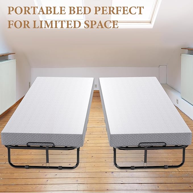 Decofy Folding Bed with Memory Foam Mattress, Portable Rollaway Guest Beds on Wheels, 75"x31" Twin Size Space-Saving Cot-Size Bed for Adults with Easy Assembly Metal Frame (White)