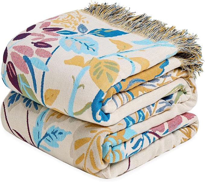 LUTBM Boho Throw Blanket for Bed Cotton Spring Blankets Twin Size for Bedroom Living Room All Season Lightweight Floral Embroidery Decorative Breathable Quilt for Couch Sofa Chair 60"x80"