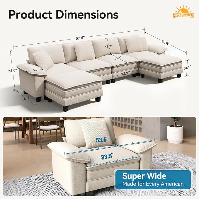 U Shaped Modular Cloud Couch, 157.5'' Oversized Chenille Sectional Sofa with Wider Armrest and Ottoman, Upholstered 6-Seat Modern Deep Seat for Bedroom Living Room, Beige