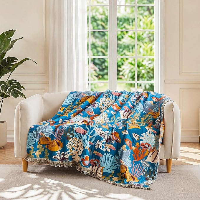 LUTBM Throw Blanket for Bed 100% Cotton Blankets for Bedroom Living Room Spring Twin All Season Underwater Ocean Life Embroidery Reversible Breathable Quilt for Couch Sofa Coastal Home Decor 60"x80"