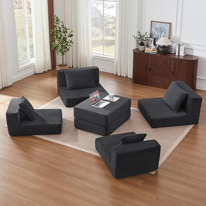 Modular Loveseat L Shaped Sofa,Boneless Cloud Couch with Ottoman (Deep Gray) | Freely Combination, No Assemble Required, Modular Design, Breathable Fabric, Convertible to Bed, Futon Bed