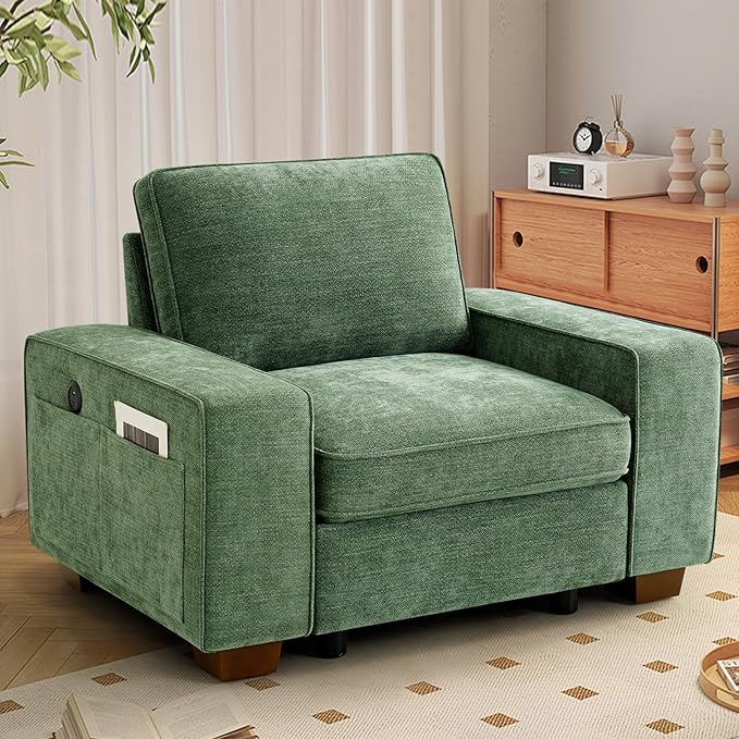 TEKAMON 45" Accent Chair with Seat Storage, Oversized Single Sofa Chair, Modern Chenille Fabric Armchair for Living Room/Office with Wide Armrests, Side Pockets, USB/Washable Covers(Green)
