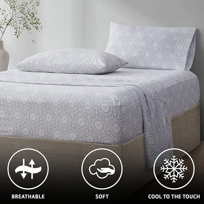 Comfort Spaces 100% Cotton Sheet Set Breathable, Lightweight, Soft with 14" Elastic Pocket Fits up to 16" Mattress, All Season Cozy Bedding, Matching Pillow Case, Cal King Adelia Gray 4 Piece