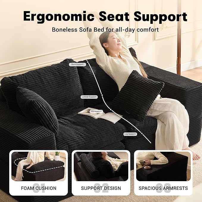 74.8” Set of Cloud Couch, Modular Loveseat Sofa, Convertible Sofas Bed, Deep Seat Sofa, Cozy Sofa for Living Room, Office and Bedroom, Corduroy, Black