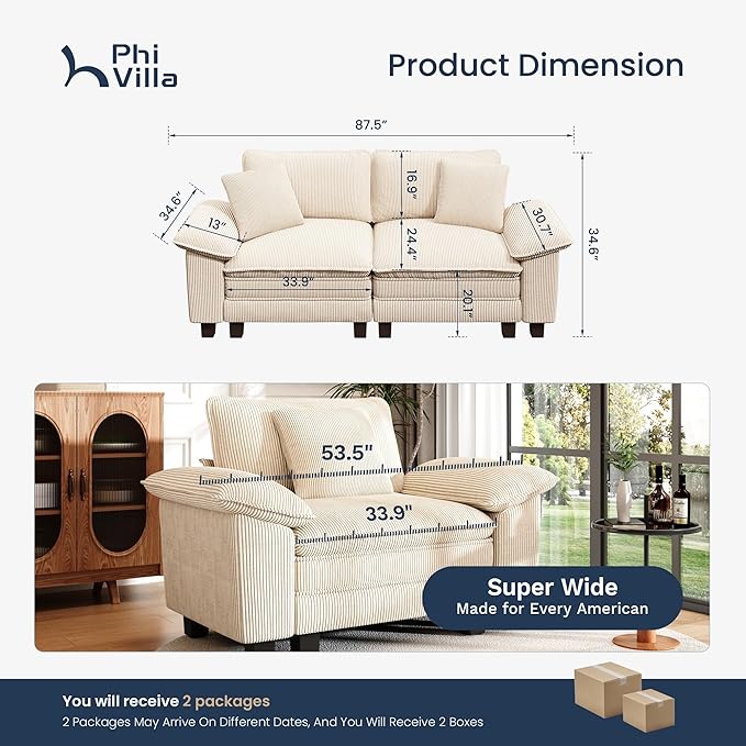 PHI VILLA Cloud Modular Couches Sets, 87.5" Sectional Loveseat Sofa with Upholstered Deep Seat, 2-Seater Comfy Couches for Living Room Bedroom, Corduroy Fabric, Beige