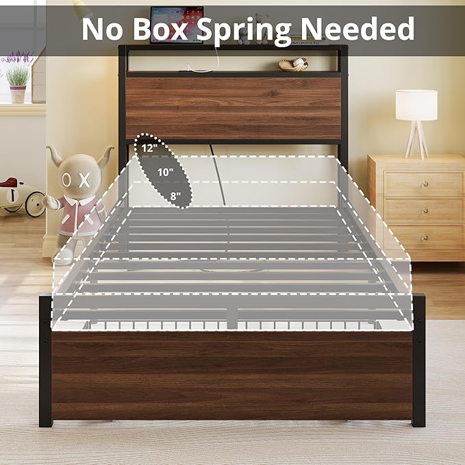LIKIMIO Twin Bed Frames with Drawer, Storage Headboard with Outlets, No Box Spring Needed, Easy Assembly, Walnut