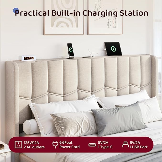 BRELTAM King Upholstered Platform Bed Frame with Linen Headboard & Wing Side, Built-in Charging Station, Wooden Slat Support, Mattress Foundation, No Box Spring Needed, Beige