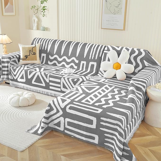OstepDecor Boho Sectional Couch Covers 2 Pieces, L Shaped Sofa Cover, Chenille Couch Cover for Dogs Washable, Couch Cover Blanket, Sofa Slipcover for 2-3 Cushion Couch (71"x102"+71"x118", Dark Grey)
