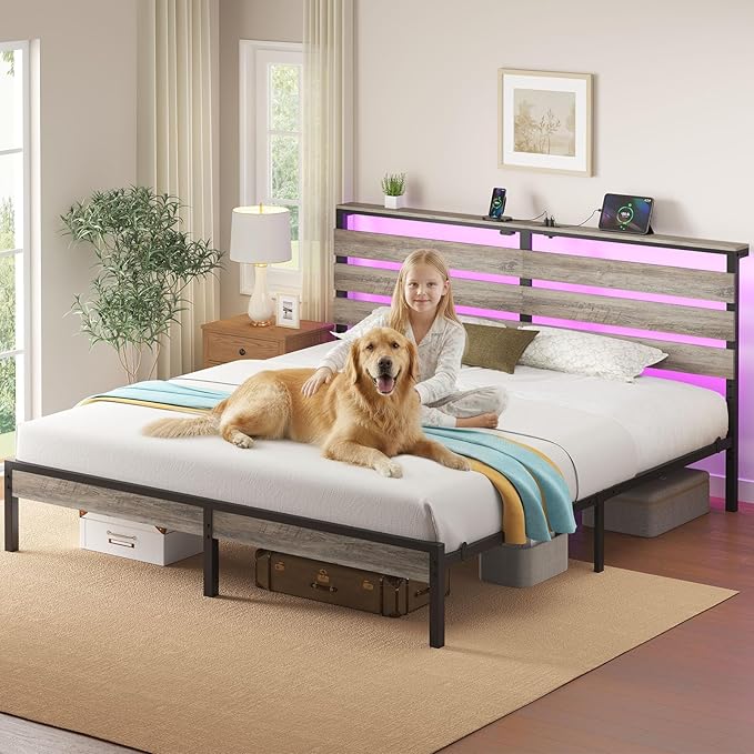 Rolanstar Bed Frame King Size with USB Charging Station, LED Bed Frame with Wood Storage Headboard, Light Grey Metal Platform Bed with Under Bed Storage, No Box Spring Needed, Noise Free