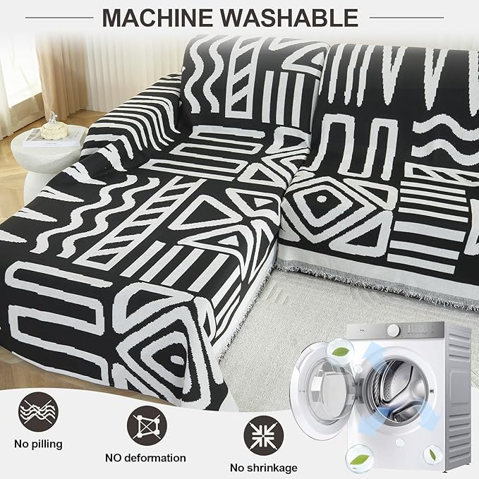 OstepDecor Boho Sectional Couch Covers 2 Pieces, L Shaped Sofa Cover, Chenille Couch Cover for Dogs Washable, Couch Cover Blanket, Sofa Slipcover for 2-3 Cushion Couch (71"x118"+91"x134", Black)