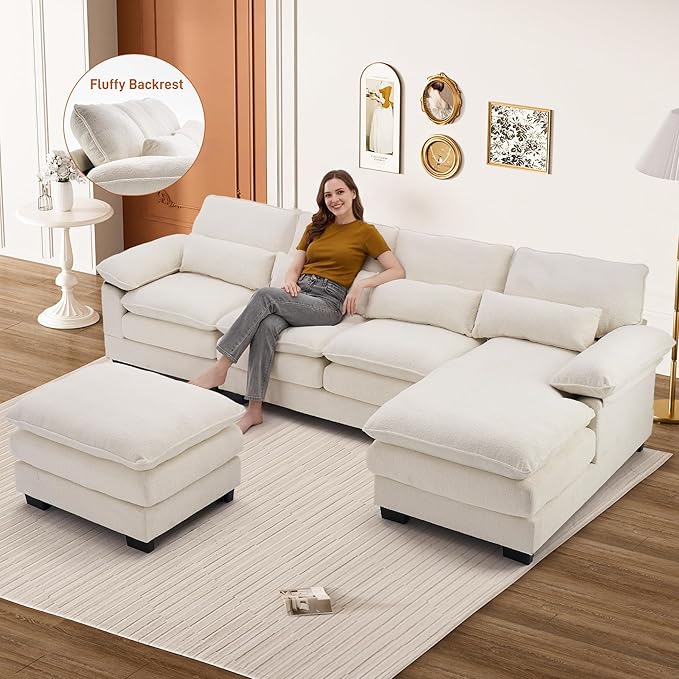 113" Cloud Couch Sectional Modular Sofa U Shaped Sectional Couches for Living Room Comfy 5-Seater Deep Seat Couch Chenille Cloud Sectional Sofa with Movable Ottoman & 4 Pillows, Cream White