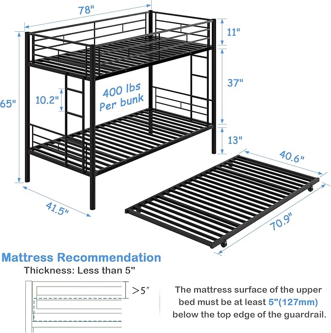 VECELO Bunk Bed Twin Over Twin with Trundle, Metal Bunkbeds with Ladder and Full-Length Guardrail, No Box Spring Needed, Space Saving, Noise Free, Black