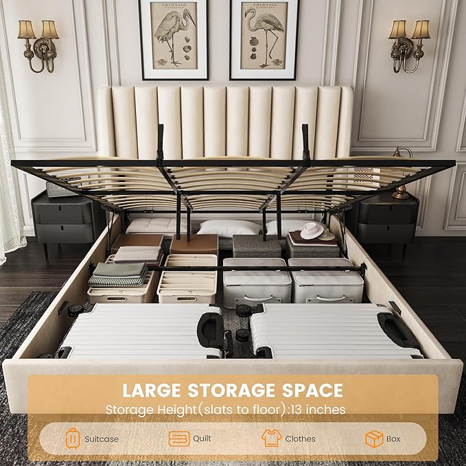 King Size Upholstered Lift Up Storage Bed Frame with 51.2" Tall Headboard, Velvet Wingback Tufted Design, Wood Slats Support, No Box Spring Required, Noise-Free Double Low Bed Frame (King,Beige)