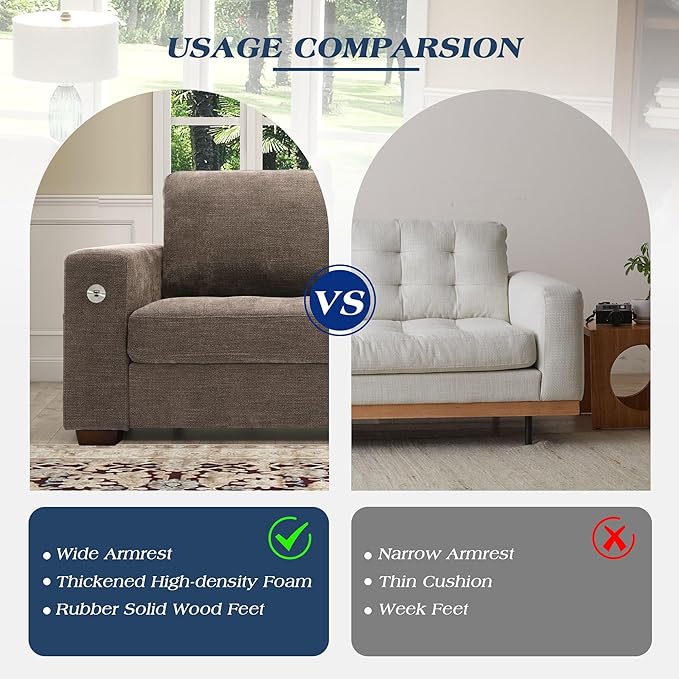WorthFurni Sofas for Living Room, Chenille Loveseat Couch Set, Small Sofa, 3 Seater Sofa, USB Charging, Removable Sofa Cover,Solid Wood Frame, Easy to Install(89inch,Brown)
