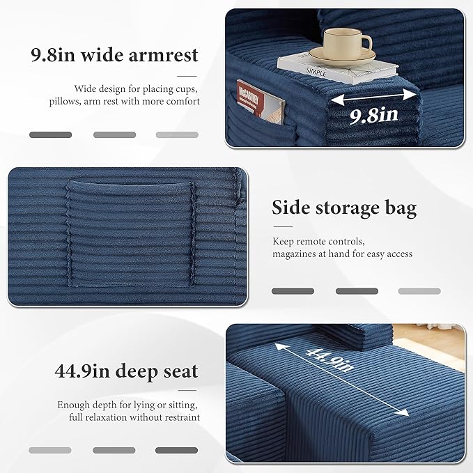 96" Sectional Couches for Living Room Cloud Couch Sofa with L-Shape Upholstered Boneless Couchs Modern Modular Sectional Couch with Chaise (Bule, 96" W+Right Facing Chaise+2Seaters+Ottoman)
