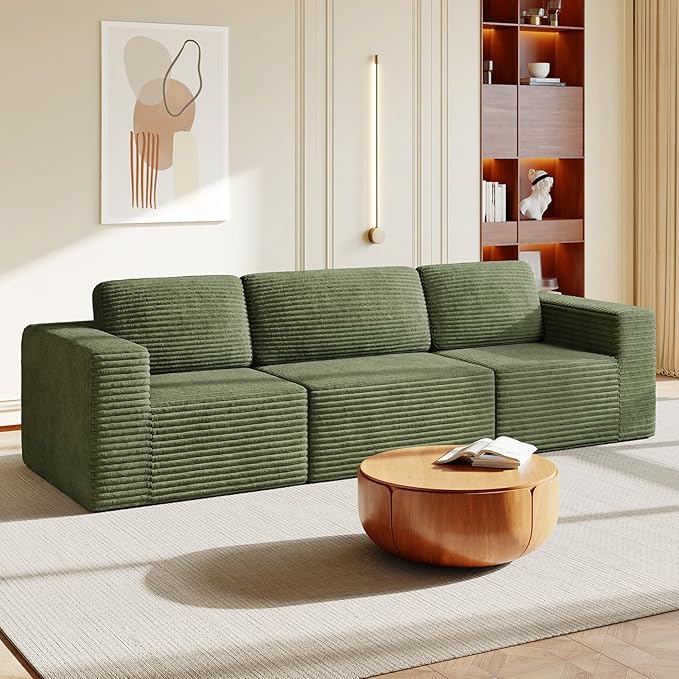 Vesgantti 119" Modular Sectional Sofa, Corduroy Cloud Couch with Deep Seating & Spring Support, 3 Seater Flexible Layout Sofa, Boneless Couch for Living Room & Apartment, No Assembly Required, Green