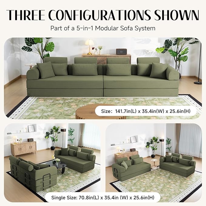 106" L-Shaped Modular Boneless Couch, 2-Piece System (2×70.87"), Convertible Sectional to 141.7" Straight Sofa, Corduroy Couch in a Box, Headrest & Back Pillows for Living Room, Olive Green