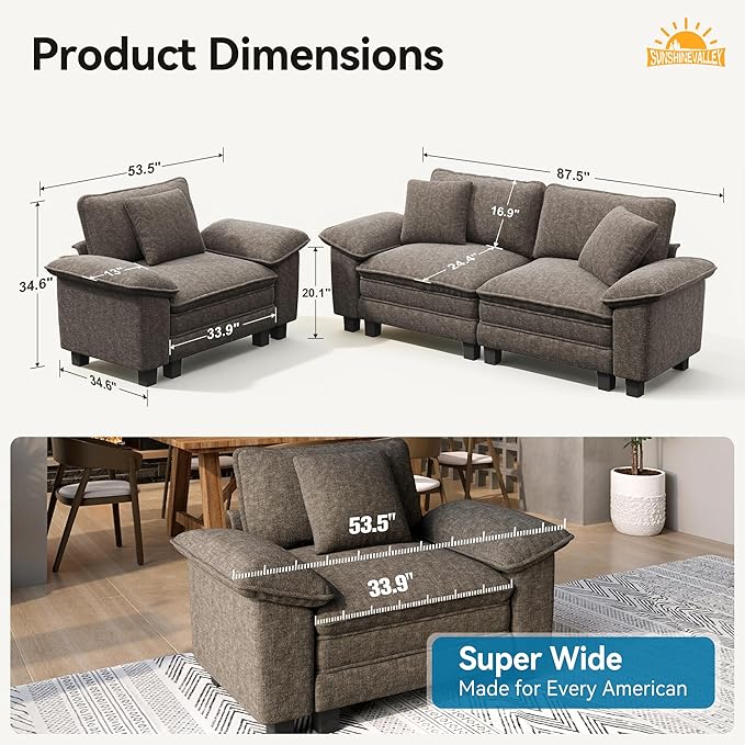 2 Piece Living Room Sofa Furniture Set, Chenille Modular Loveseat and Cloud Chair with Wider Armrest and Pillow, Oversized 3-Seat Modern Deep Sectional Couch for Apartmen, Smoky Grey