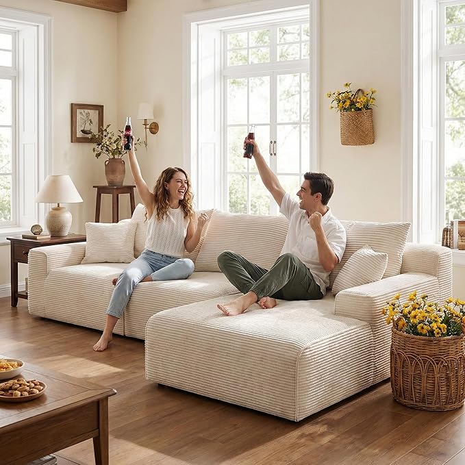 97" L-Shaped Cloud Corduroy Sofa with Right Chaise, Modular Sectional Couch, Flexible Combination Couches for Living Room, Bedroom, No Assembly Required (White)