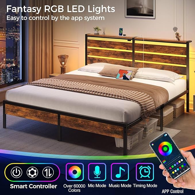 Rolanstar Bed Frame King Size with USB Charging Station, LED Bed Frame with Wood Storage Headboard, Rustic Brown Metal Platform Bed with Under Bed Storage, No Box Spring Needed, Noise Free