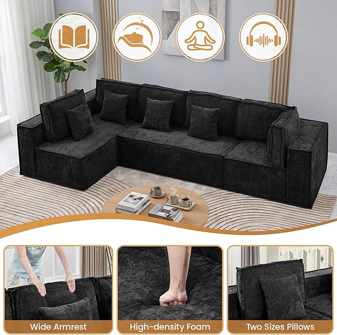138'' Boneless Chenille L Shaped Couch, Oversized Modular Sectional 5 Seater Sofa, Modern Deep Seat Corner Cloud Compressed Couch, No Assembly Sleeper Sofa with Chaise for Living Room, Black