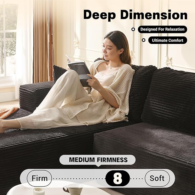 107" Boneless Couch with Deep Seat, Set of Modular Sectional Sofa, Cloud Sectional Couch for Living Room, No Assembly Required, Corduroy, L-Shape Left, Black