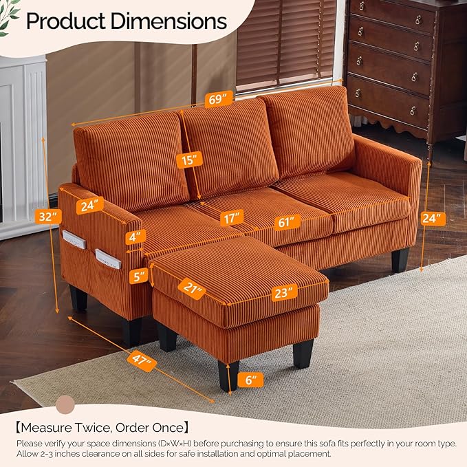 VINGLI 68.5' L Shaped Couch with Movable Storage Ottoman, Convertible Sectional Sofa in Soft Corduroy Fabric, Modern Reversible Chaise Couch for Small Spaces, Apartment, Living Room，Orange