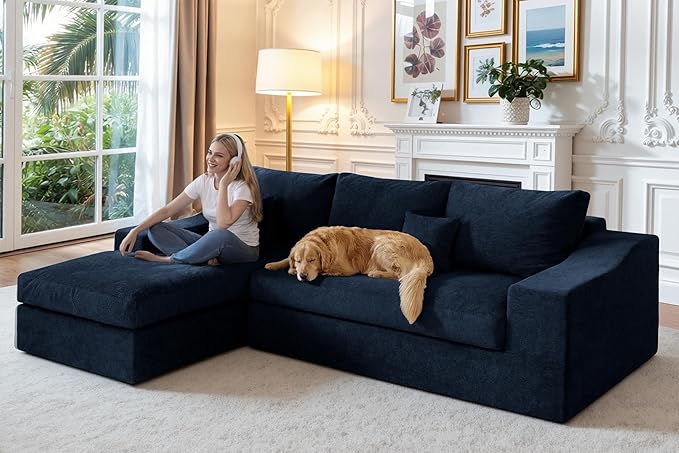 HABUTWAY 101'' Modular Sectional Sofa, Cloud Sectional Couches for Living Room, Comfy Boneless Couch with Deep Seat, Modern L-Shape Sofa with Chaise, No Assembly Required (Blue, Left Facing Chaise)