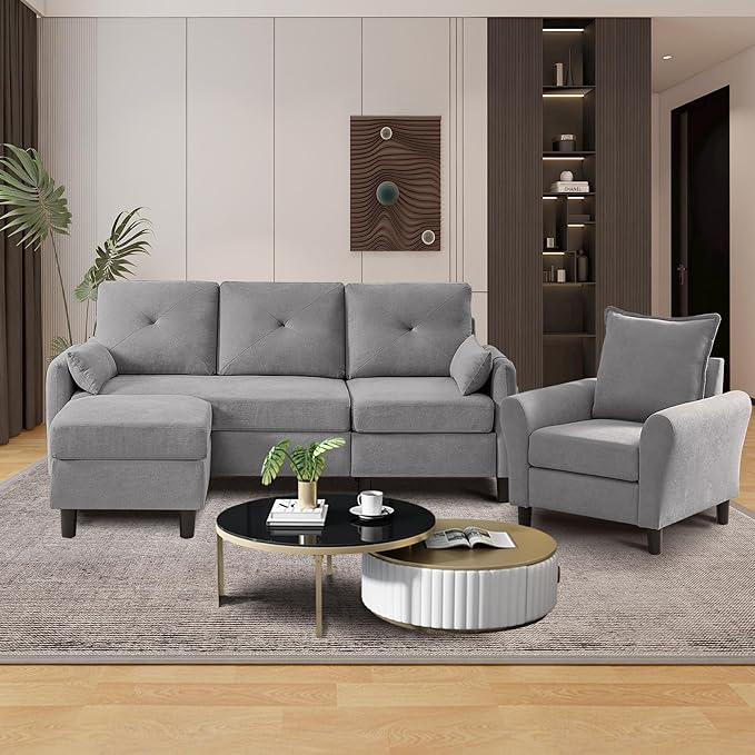 Convertible Sectional Sofa, 77" Small L Shaped 3 Seat Couch with Reversible Storage Chaise, and Accent Chair Set Modern Polyester Fabric Sofa Couches for Living Room, Apartment, Light Grey