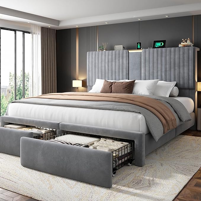 Homkdom King Size Bed Frame with Velvet Storage Headboard, 2 Large Drawers & 3 Charging Ports, 51.3" Tall King Bed Frame, Sturdy Wood Slats, No Box Spring Needed, Grey
