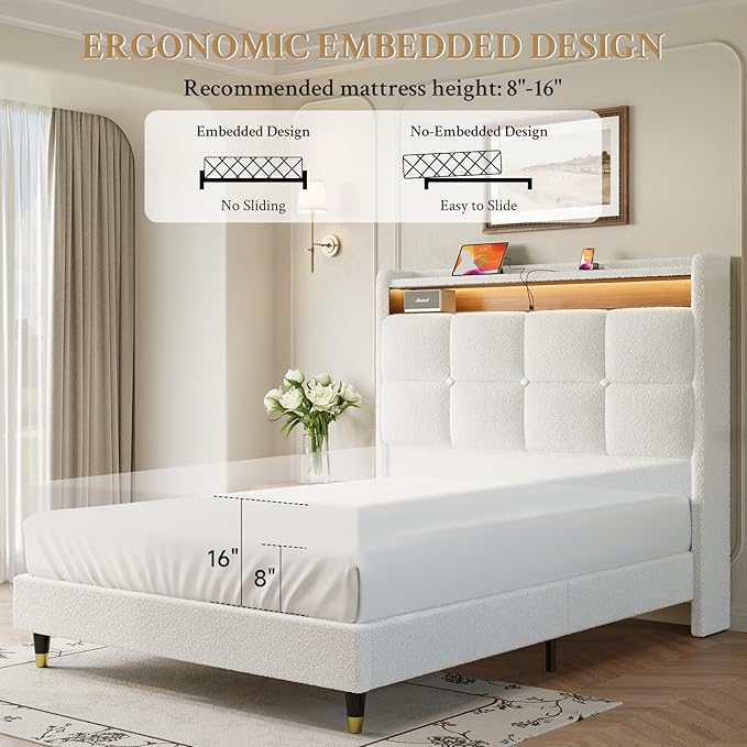 koorlian King Size Bed Frame, 51" Tall Wingback Tufted Headboard, Teddy Fleece Upholstered Bed Frame, LED Lights & USB/Type-C Port and Double Storage Shelf, No Box Spring Needed, Easy Assembly, White