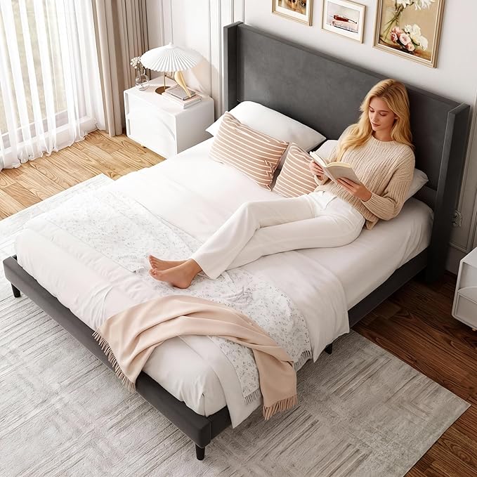Sismplly Queen Bed Frame with Wingback Headboard, Velvet Upholstered Platform Bed with Wooden Slats, 6.46“ Under Bed Storage, Metal Support, Noise Free, No Box Spring Needed, Gray