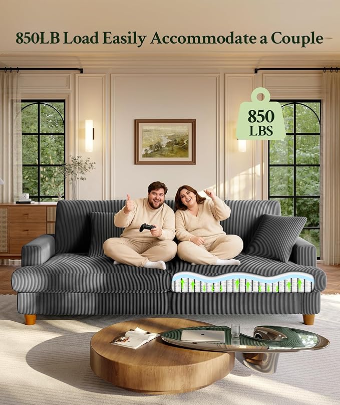 87.2" Couches for Living Room, Comfy Grey Couch 7.5" Extra Thick Cushion, Sofas for Living Room Tool-Free Setup, Loveseat Sofa 848lbs Support, Corduroy Couch for Bedroom, Apartment, Office