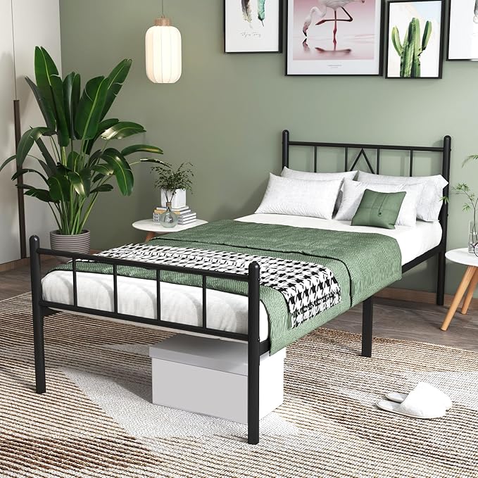 Decorwise 14 Inch Twin Size Bed Frames with Headboard/Footboard, Under Bed Storage, Strong Metal Slats Support, No Box Spring Needed, Noise Free, Easy Assembly, Black