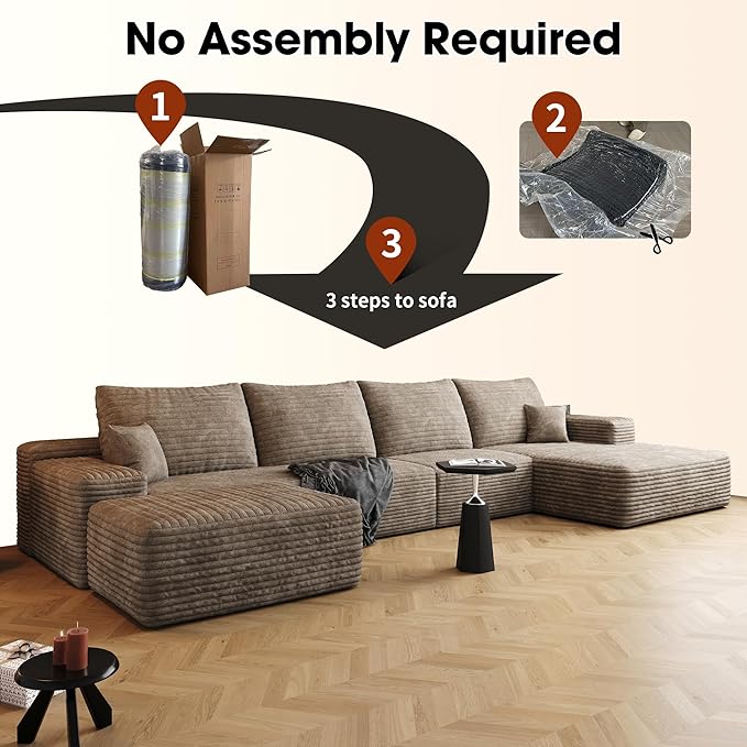136" Sectional Couches for Living Room Cloud Couch Sofa with L-Shape Upholstered Boneless Couchs Modern Modular Sectional Couch with Chaise (Camel, 136" Right Facing Chaise+3Seaters+Ottoman)