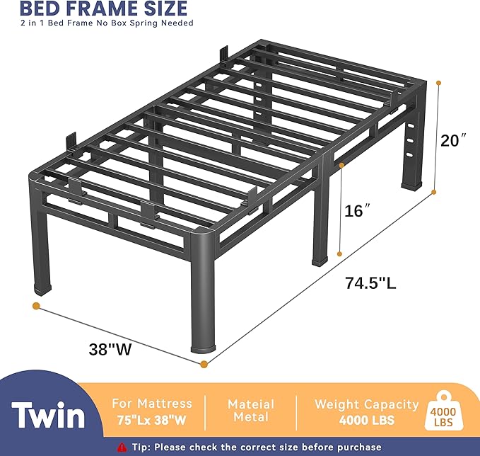 20 Inch Twin Bed Frames, Double Layer Heavy Duty Metal Bed Frames, Platform bedframe with Round Corner Legs, No Box Spring Needed, Headboard Holes, Easy Assembly