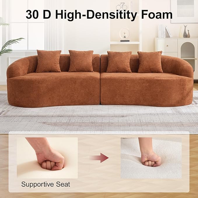 110.2" Curved Boneless Couch, Oversized Cloud Sofa with 4 Pillows, Modern 4 Seater Modular Sectional Sofa, Boneless Sectional Couches for Living Room, Curved Foam Couch, Orange